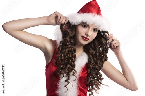 curly brunette dressed as santa claus