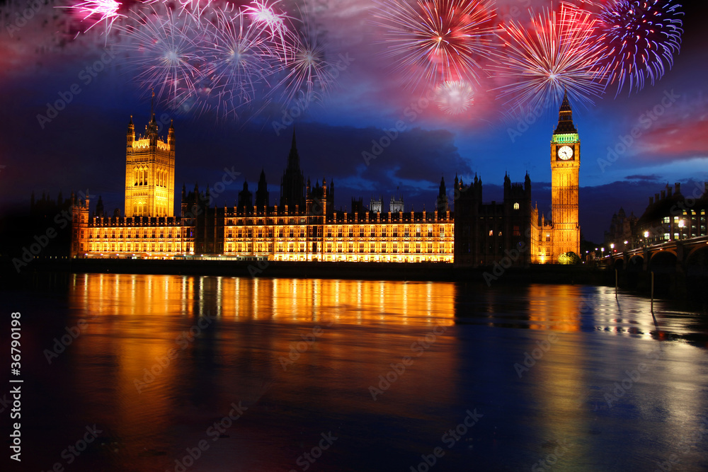 Big Ben with firework in London, UK