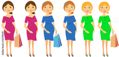set of beautiful pregnant womans in colorful dress