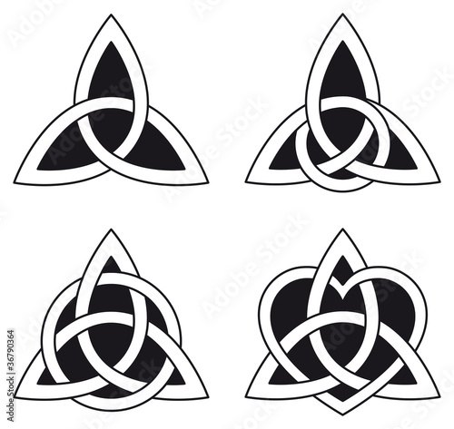 Four celtic triangle knots used, for decoration or tattoos. Endless basket weave knots, known for use in ornamentation of Christian monuments and manuscripts. Illustration on white background. Vector.