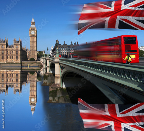 Big Ben with city bus in London, UK