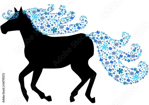 Black silhouette of horse with floral mane