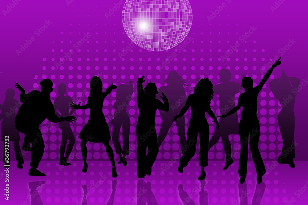 Dancer silhouettes  in the night club,with disco ball