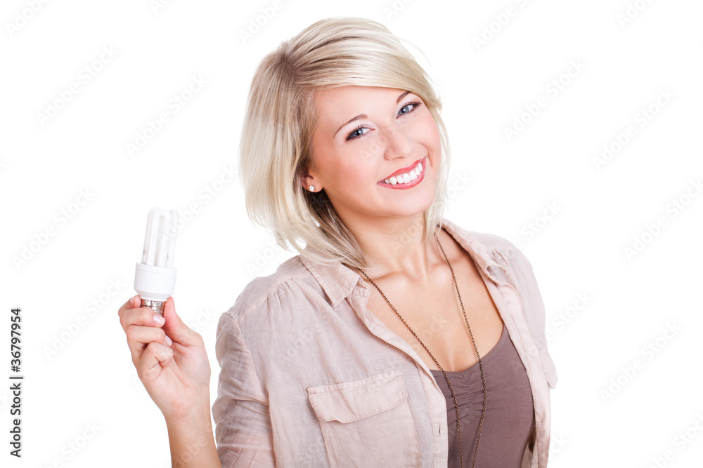junge blonde Frau mit Energiesparlampe junge blonde Frau mit Energiesparlampe