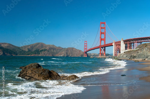 The Golden Gate Bridge in San Francisco with rocks