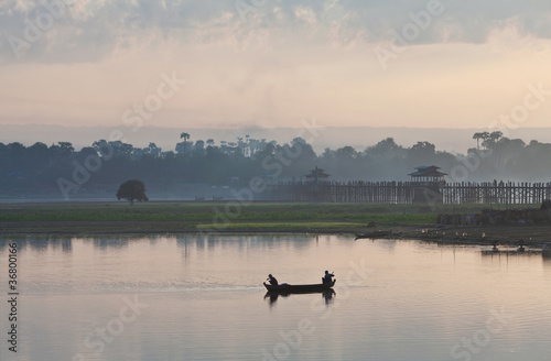 Silhouettes of fishermen on the Taungthaman lake  Myanmar