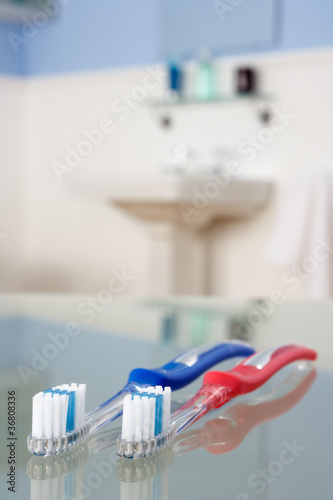 Toothbrushes in bathroom