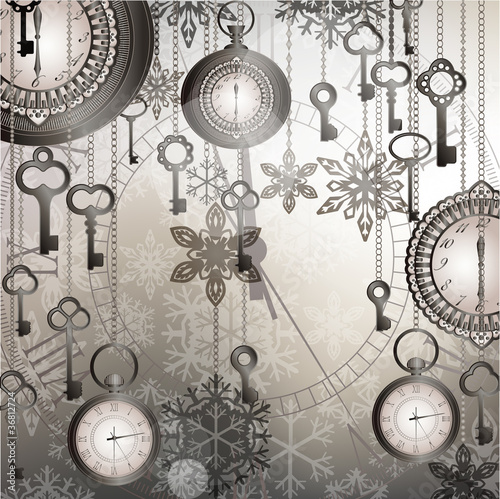 Silver New Year background with antique clocks and keys