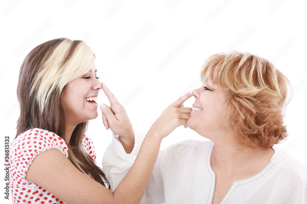 girl and mother profiles, playful woman with nose daughter play girl and mother profiles, playful woman with nose daughter play