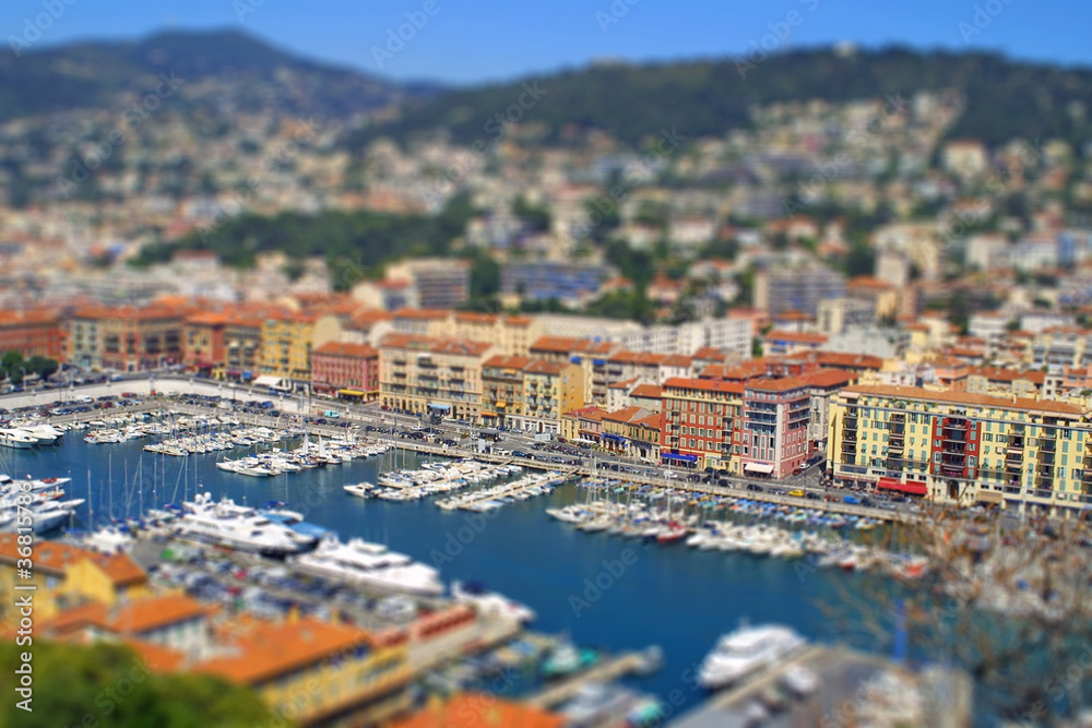 Sea port of City of Nice, France. Tilt-shift effect
