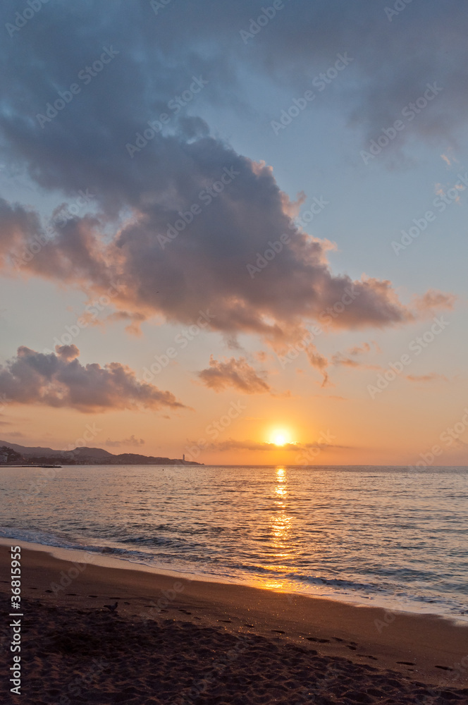 Sunrise on the beach Malagueta, Andalucia