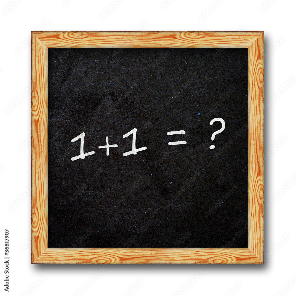 1+1=? , question in wooden frame chalkboard isolated white..