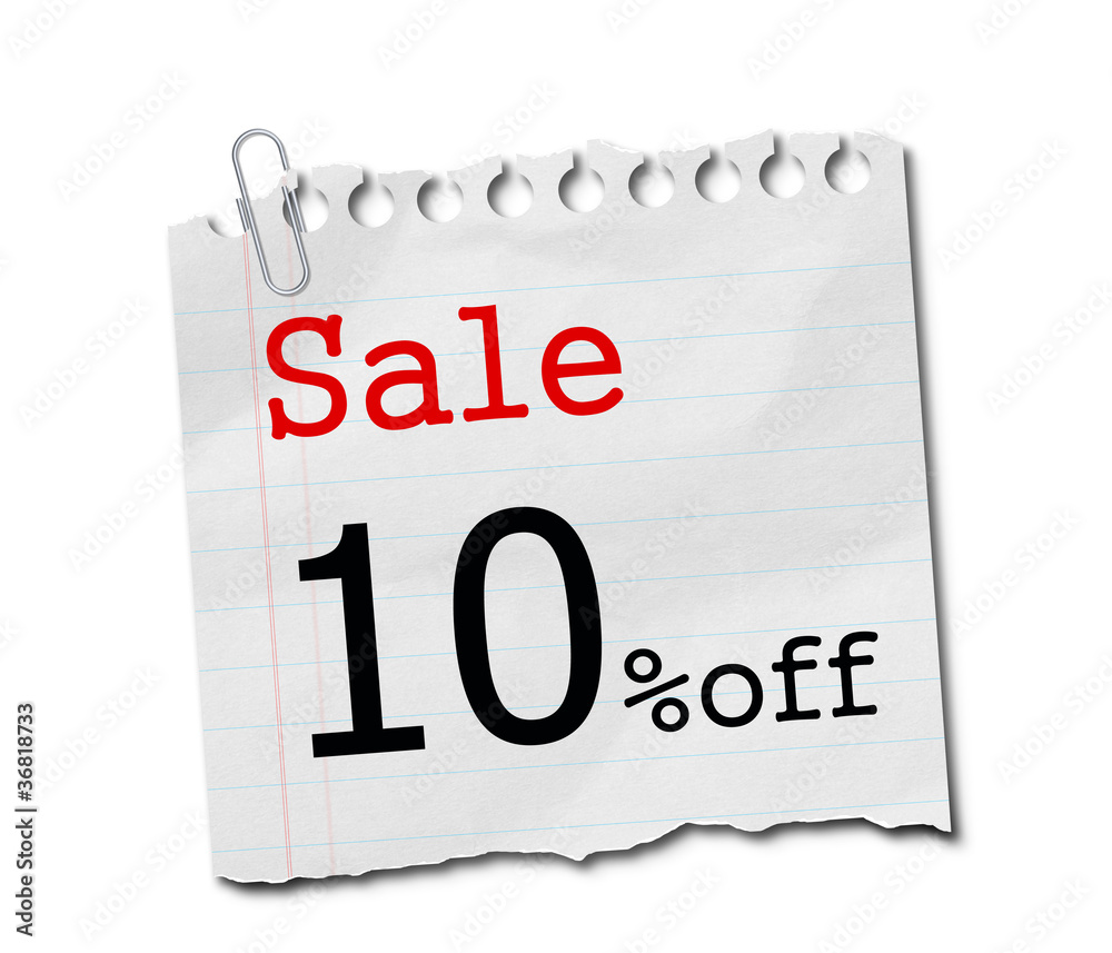 sale 10% off sign on white paper isolated.