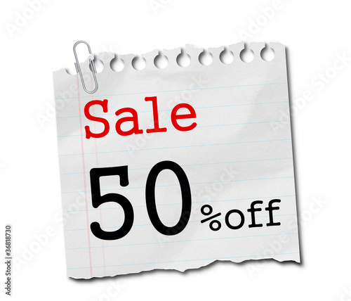 sale 50% off sign on white paper isolated.