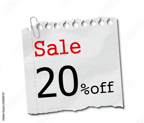 sale 20% off sign on white paper isolated