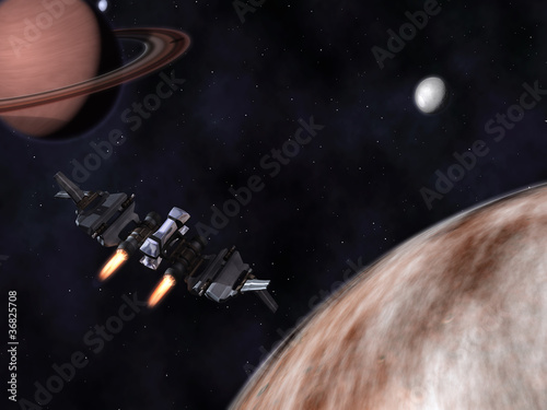 Fototapeta Naklejka Na Ścianę i Meble -  StarFighter in action in space with planets