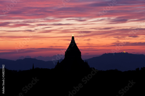 Silhouette of ancient pagoda at sunset in Bagan  Myanmar