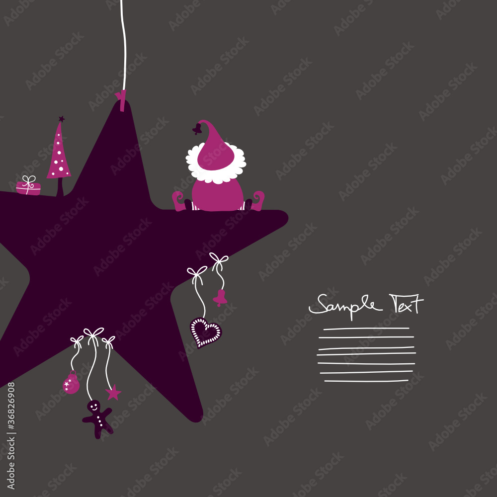 Christmas Elf Sitting On Dark Purple Star & Symbols
