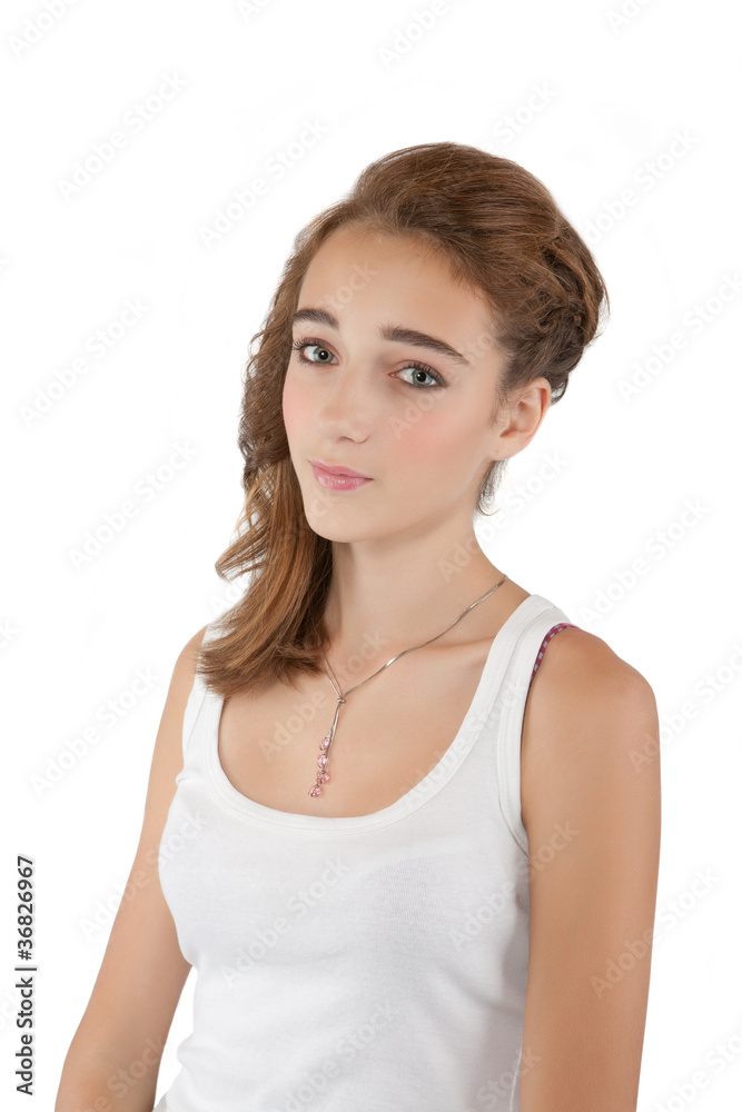 Teenage girl wearing makeup, isolated on white Teenage girl wearing makeup, isolated on white