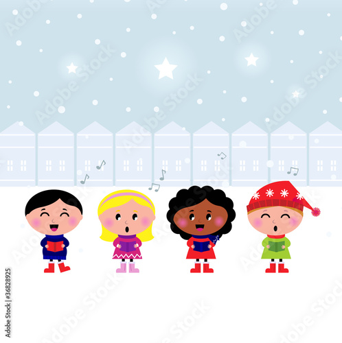 Cute Christmas Carroling Children singing in Town..