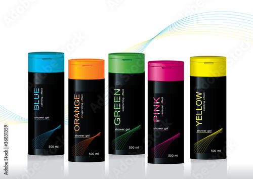 Bottles with sample labels for shower gel