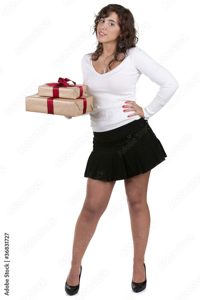 young brunete woman holding christmas gift boxes isolated on whi young brunete woman holding christmas gift boxes isolated on whi