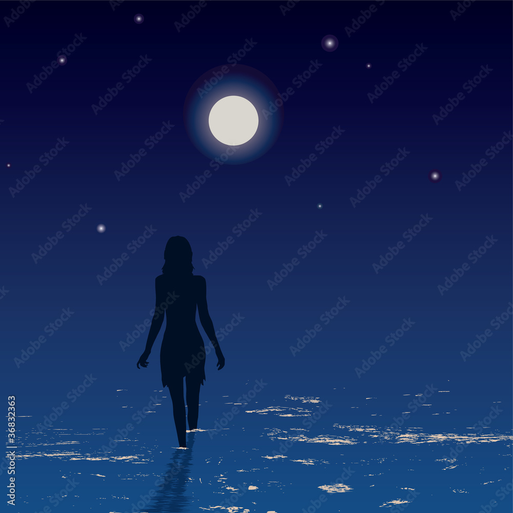 Silhouette of young woman walking on a sea Silhouette of young woman walking on a sea