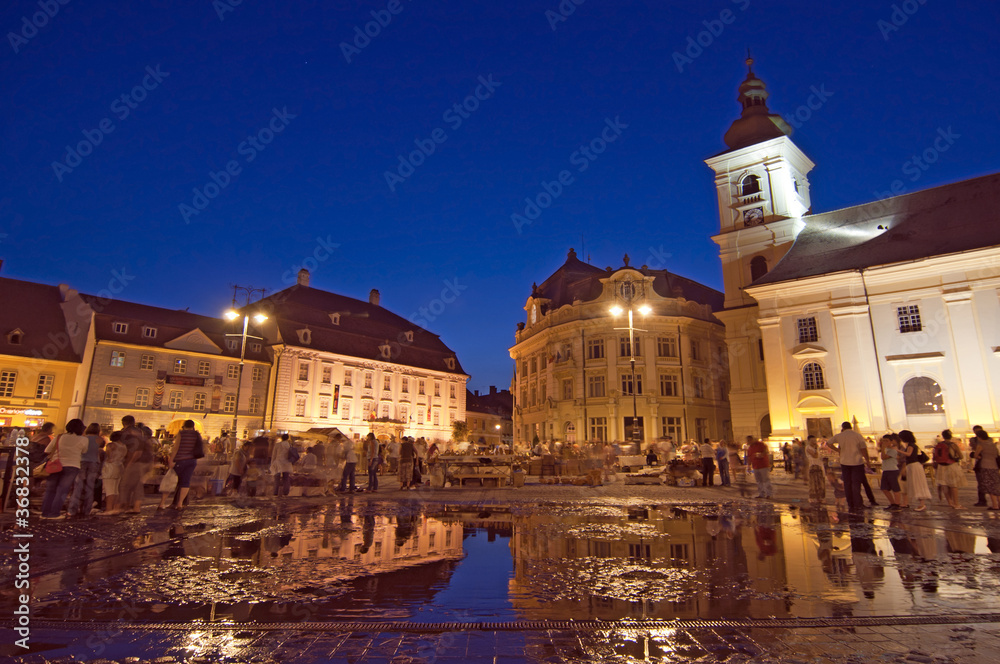Market in Sibiu main square by night