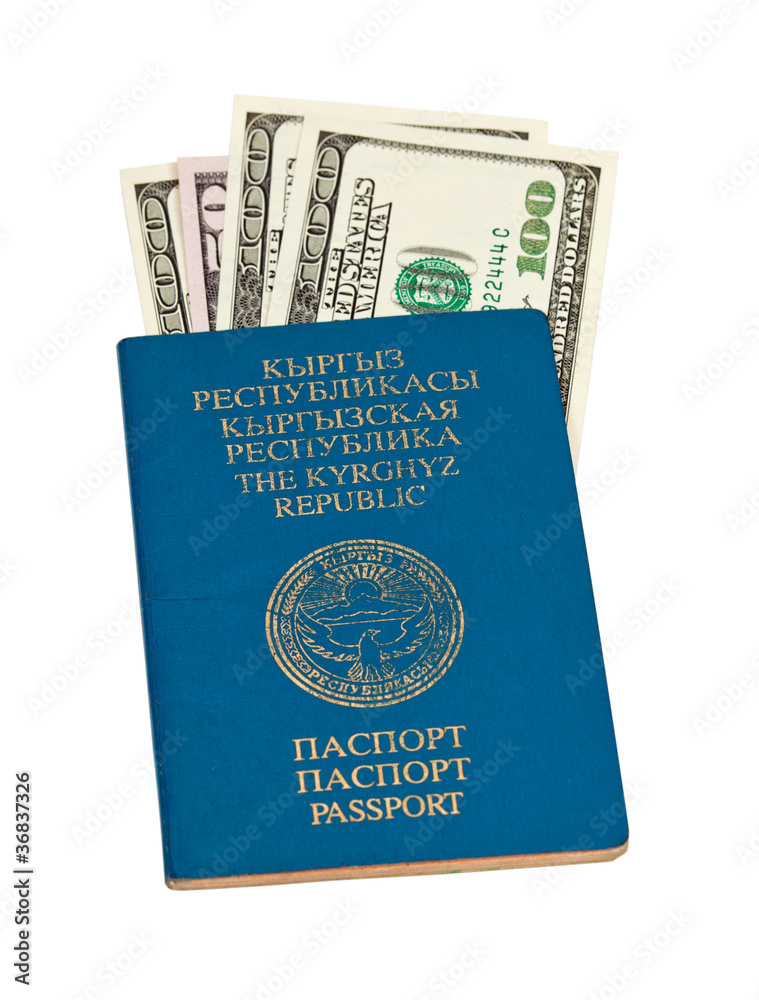 Kyrgyz passport and money, isolated on white background Kyrgyz passport and money, isolated on white background