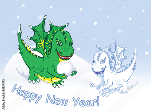 Card "Happy New Year" with Dragons and snow © kulik_oks