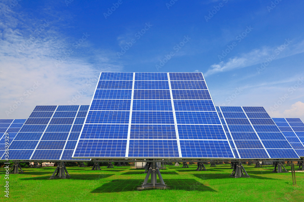 Solar Panel with green grass and beautiful blue sky