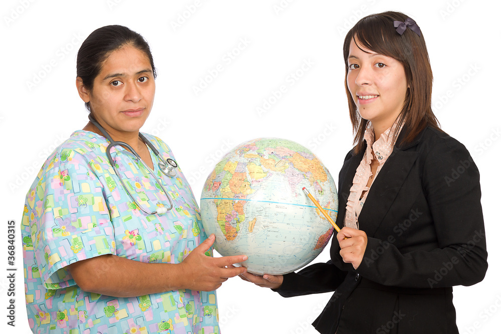 Hispanic Nurse and teacher holding the world
