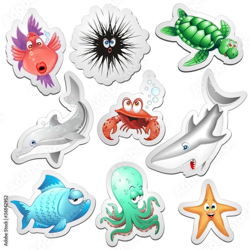 Animali Mare Adesivi Sticker Sea Ocean Animals Icons-Vector #36842952