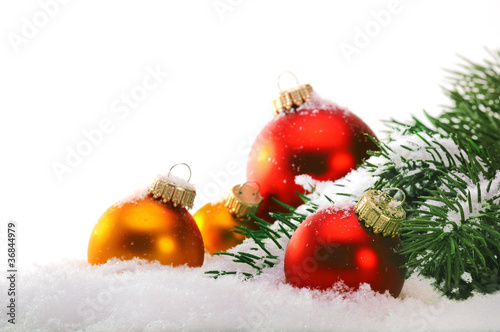 Close up of decorative Christmas balls and Christmas tree on the