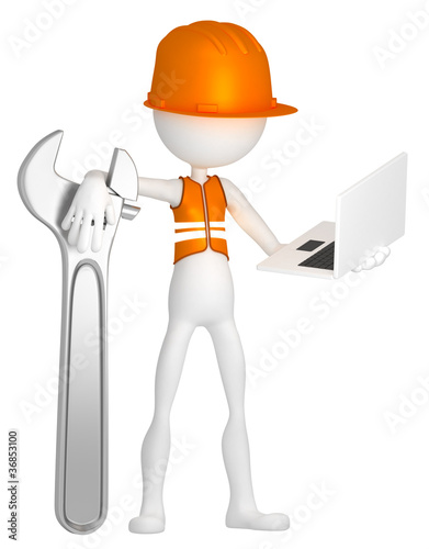 Fototapeta Naklejka Na Ścianę i Meble -  Construction worker with laptop. Isolated on white background