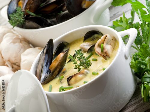 mussel soup with saffron and cream sauce photo
