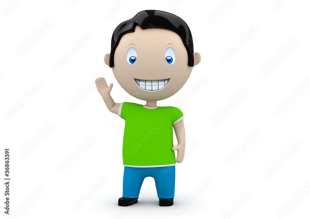 Hey! Social 3D characters: happy smiling boy waves his hand
