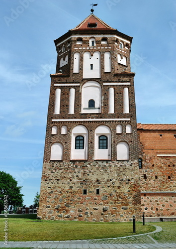 Medieval castle tower in town Mir in Belarus