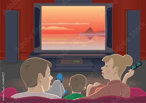 Bild auf Leinwand Family watching TV set by home cinema