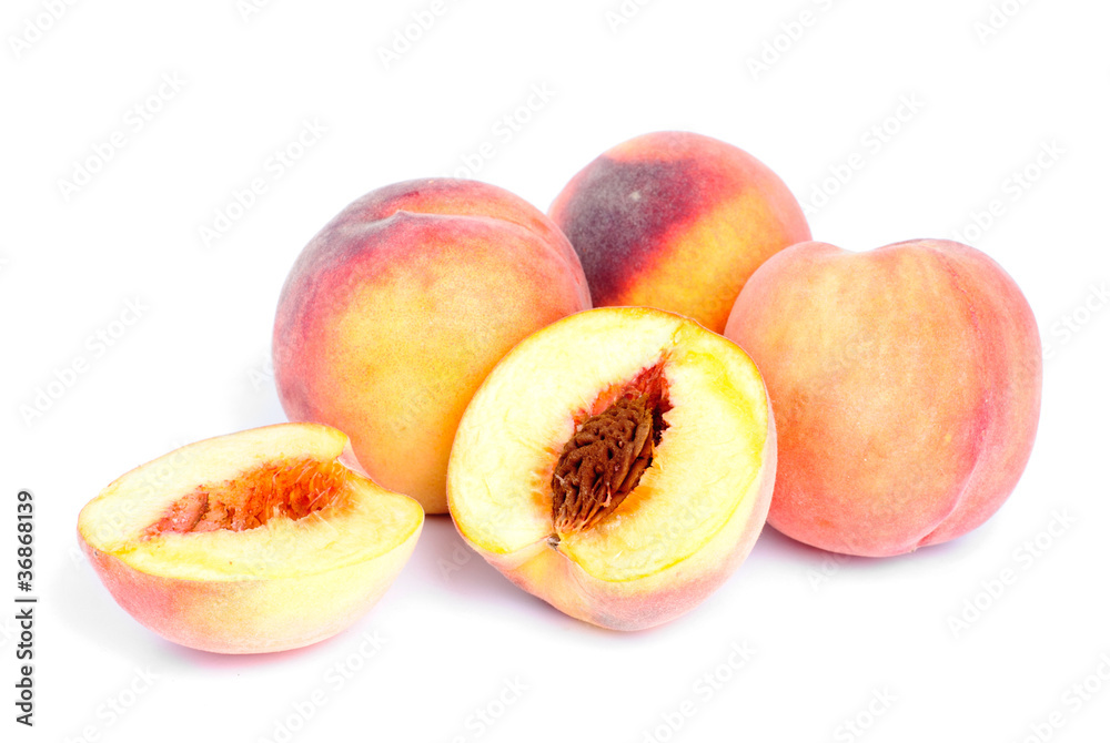 whole and sliced peach isolation on white whole and sliced peach isolation on white
