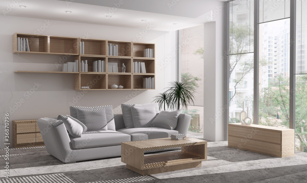 Fototapeta premium Interno con divano e finestre