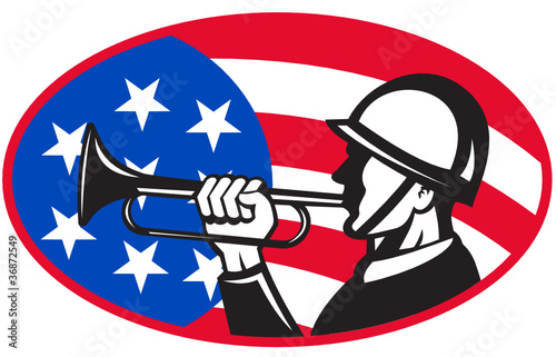 american soldier with bugle and flag