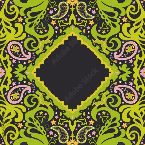 Ornamental floral card with decorative flowers and paisley