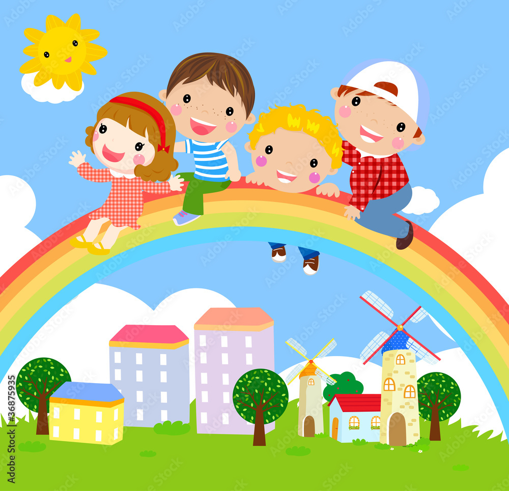 kids and rainbow-vector