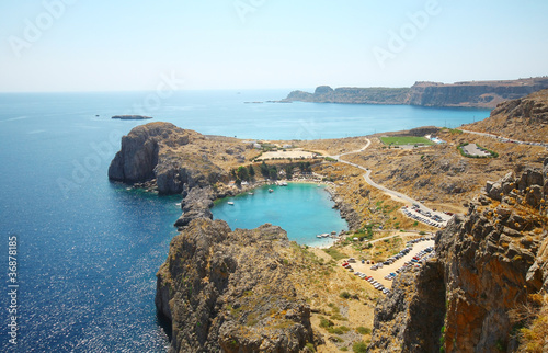 Aerial view on St. Paul's bay in Lindos (Rhodes island)