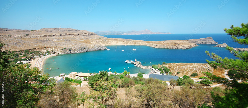 Panorama view at Lindou Bay from Lindos Rhodes island, Greece