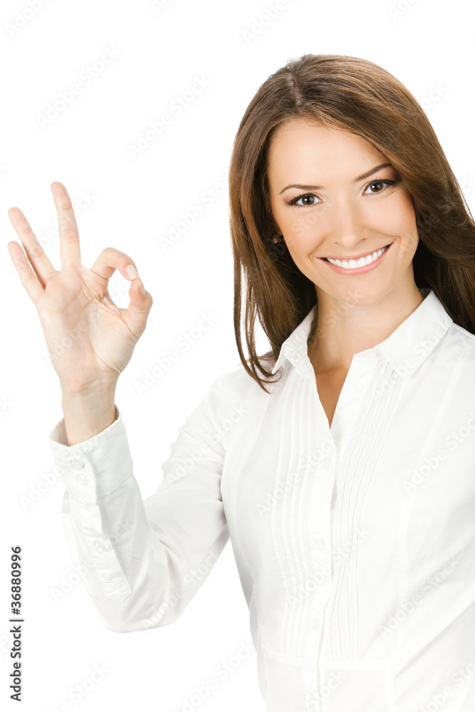 Businesswoman with okay gesture, on white Businesswoman with okay gesture, on white