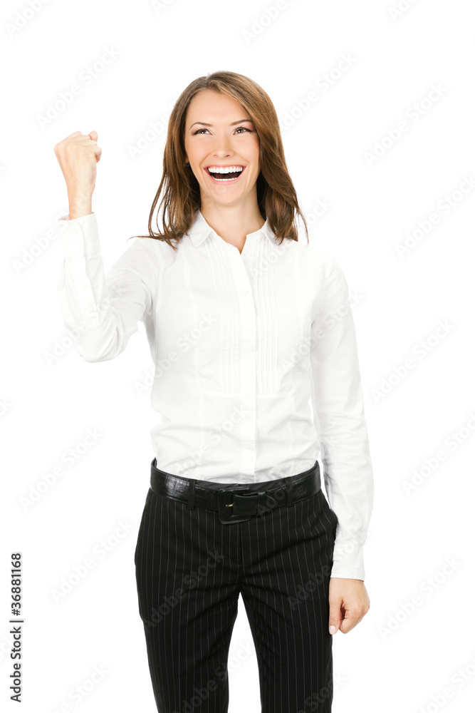 Happy gesturing businesswoman , on white Happy gesturing businesswoman , on white