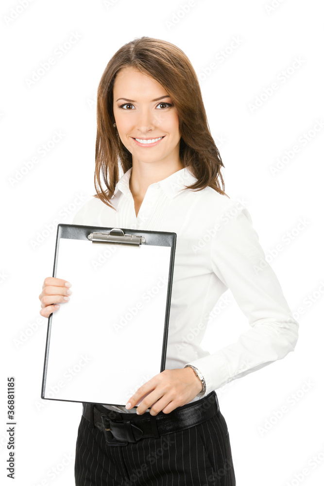 Businesswoman showing blank clipboard, on white Businesswoman showing blank clipboard, on white
