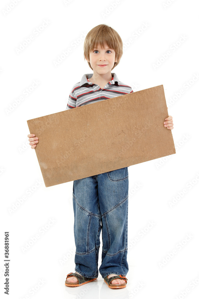 boy little funny cheerful holding blank cardboard isolated on wh boy little funny cheerful holding blank cardboard isolated on wh